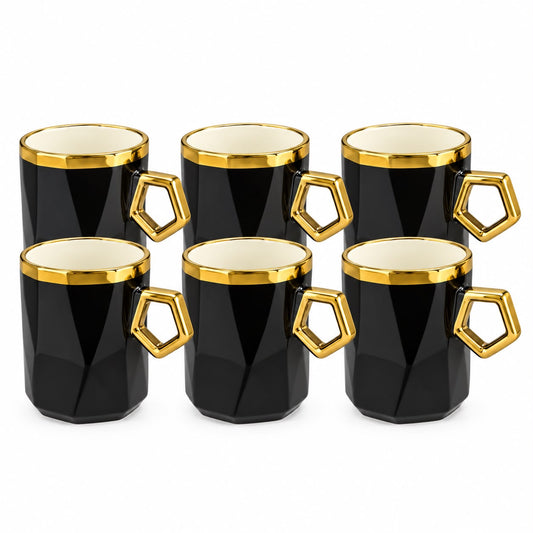 Elegant 6-Piece Black & Gold Faceted Coffee Mug Set with Geometric Handles