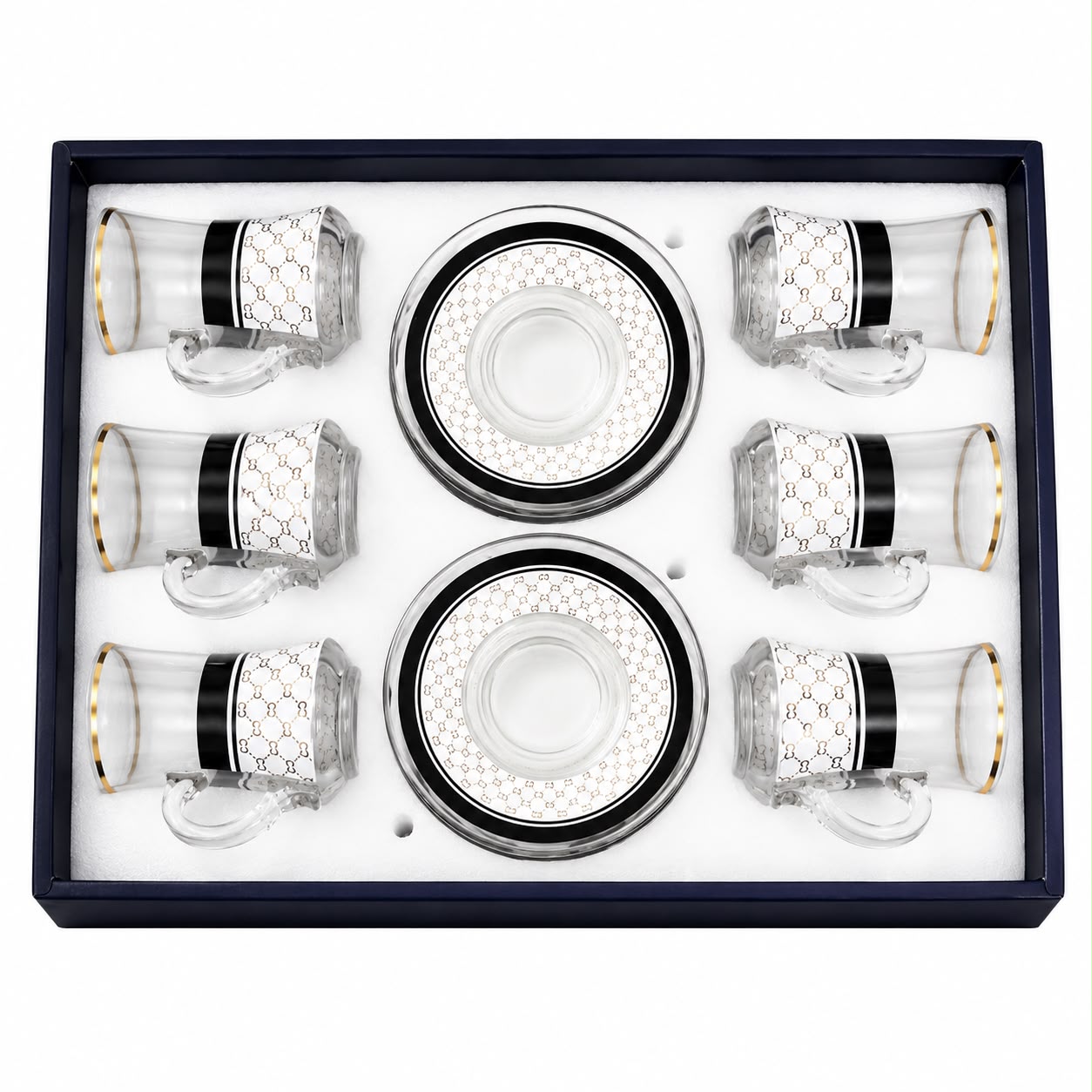 Elegant Turkish Tea Glass Set – 6 Glass Tea Cups & 6 Matching White, Black & Gold Saucers