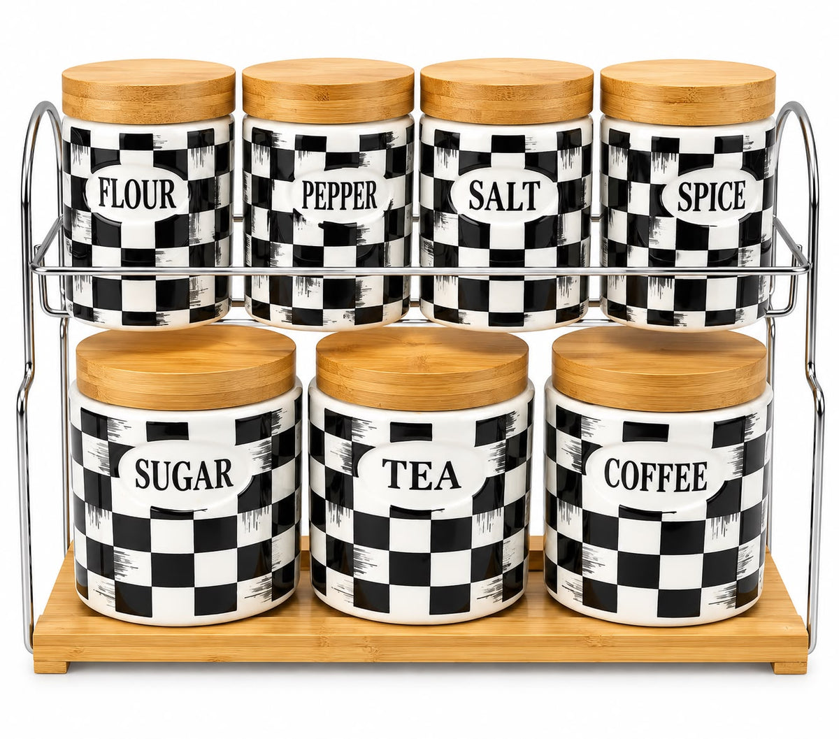 7-Piece Black & White Checkered Kitchen Canister Set with Wood Lids & 2-Tier Storage Rack