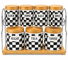 7-Piece Black & White Checkered Kitchen Canister Set with Wood Lids & 2-Tier Storage Rack