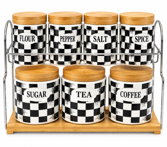 7-Piece Black & White Checkered Kitchen Canister Set with Wood Lids & 2-Tier Storage Rack