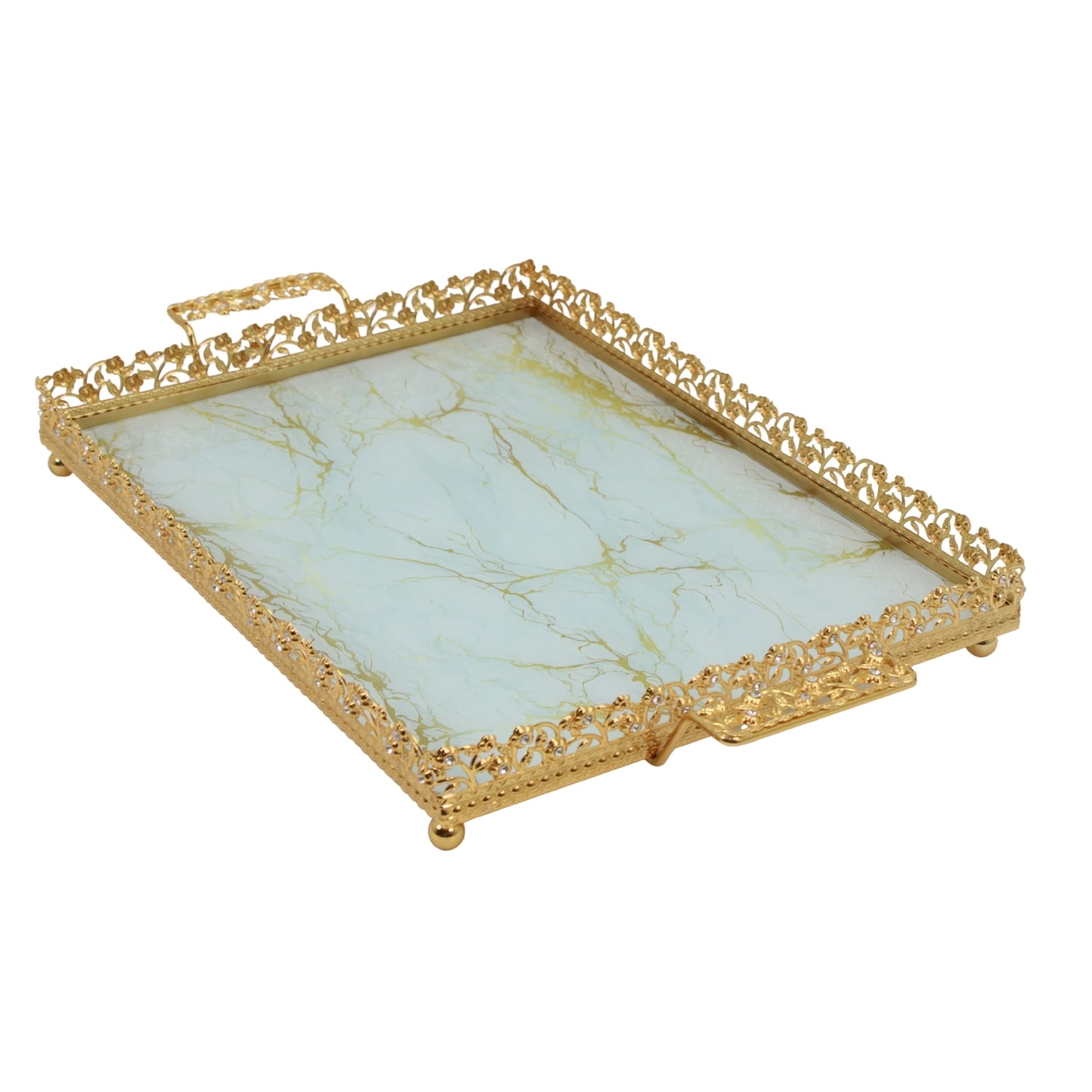 Zeyve Gold Rectangular Mirrored Serving Tray with Ornate Handles - 20" x 12"