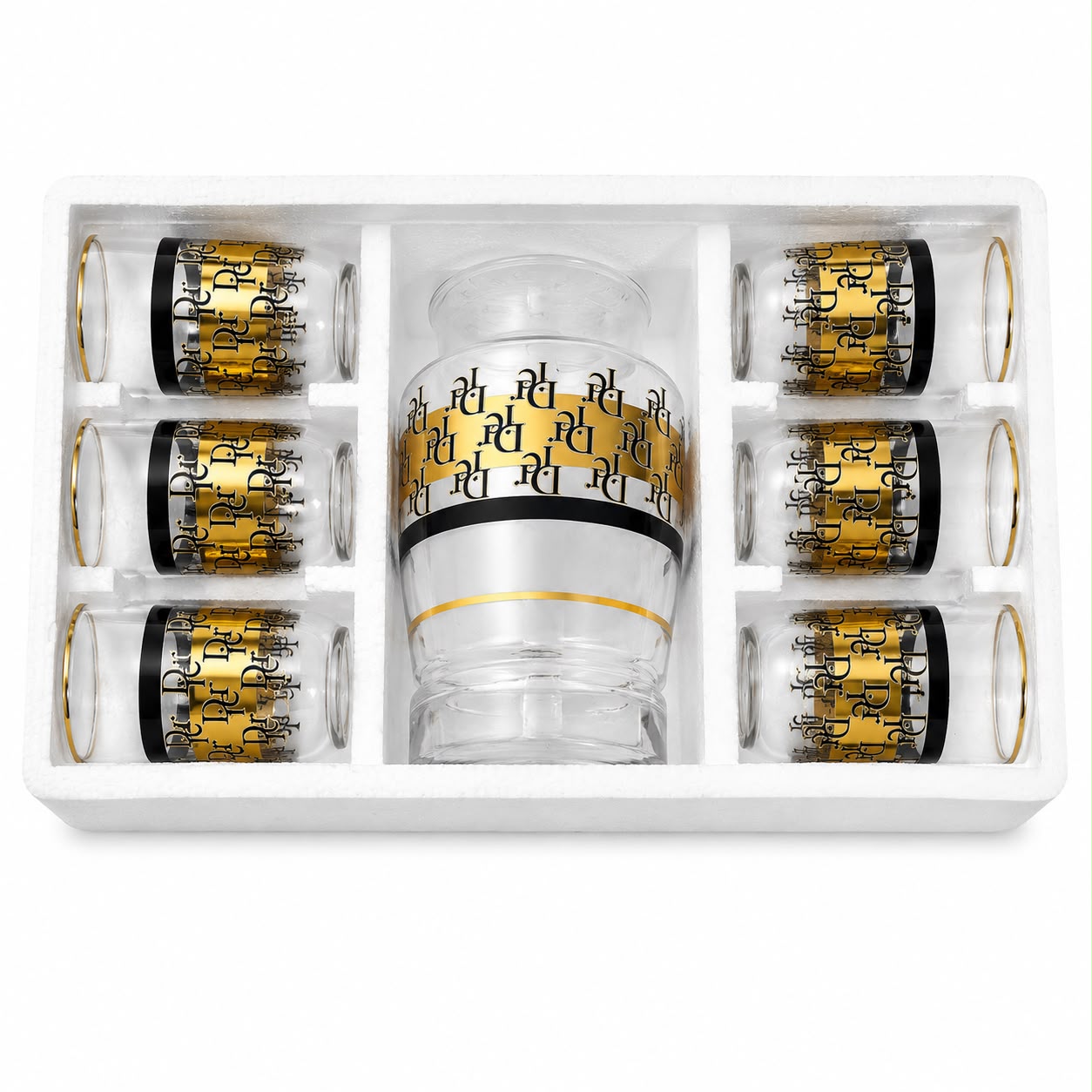 Modern 7-Piece Glass Juice & Water Serving Set – Gold & Black Monogram Pattern