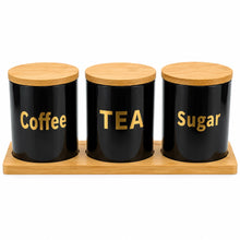 3-Piece Sugar, Coffee & Tea Canister Set with Bamboo Lids and Wooden Tray- Black