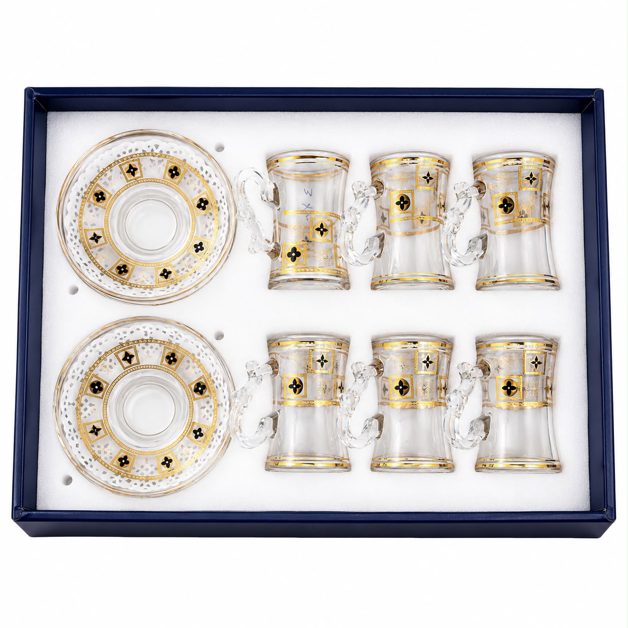 Elegant Turkish Tea Glass Set – 6 Glass Tea Cups & 6 Matching Gold Decorative Saucers