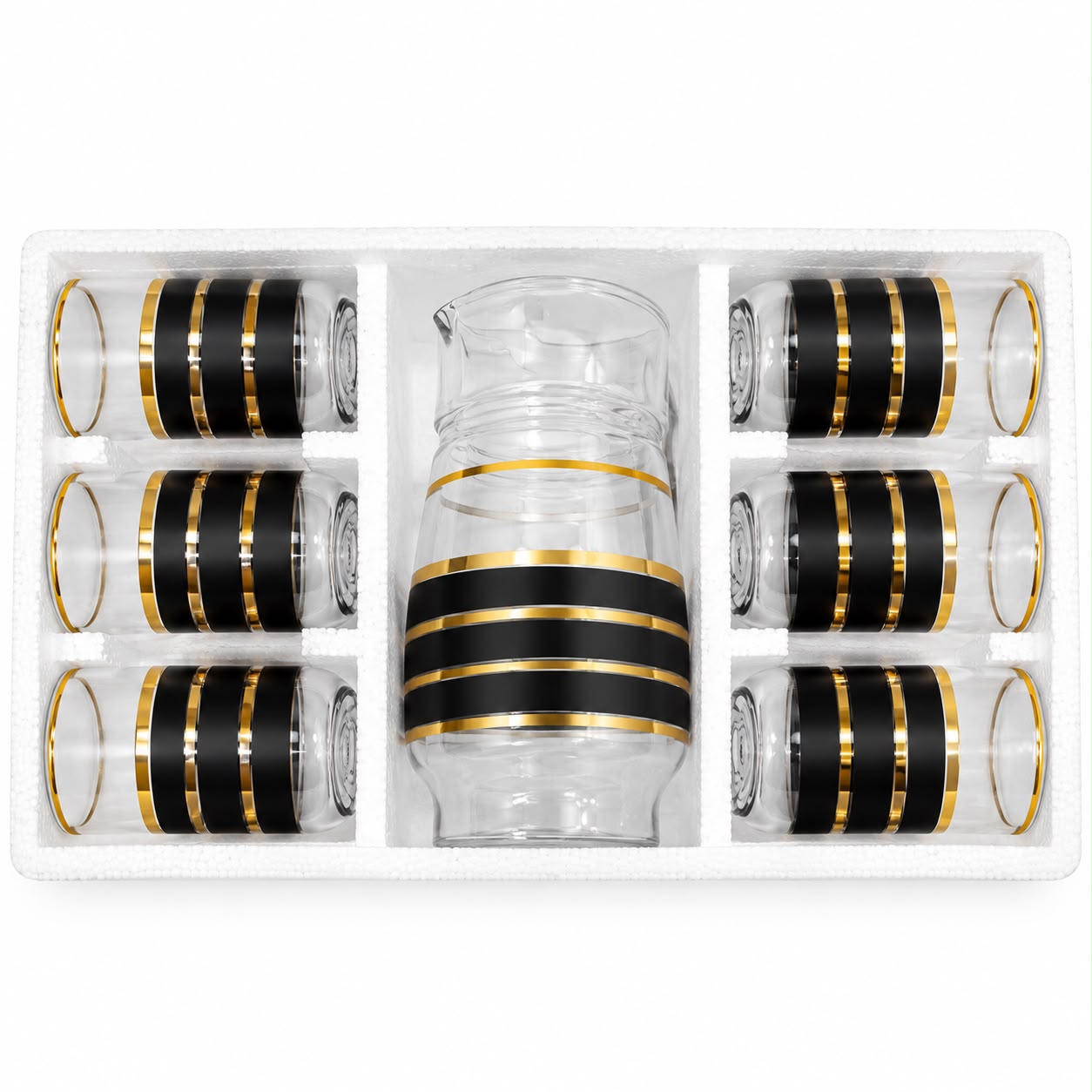 Decorative Glass Beverage Serving Set – 1 Pitcher with Lid & 6 Black & Gold Stripe Glasses