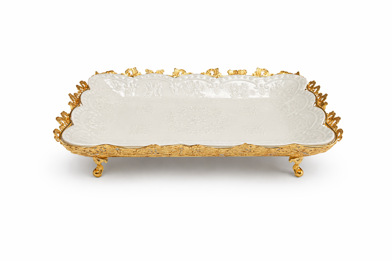 Luxury Embossed Ceramic Serving Tray with Ornate Gold Frame