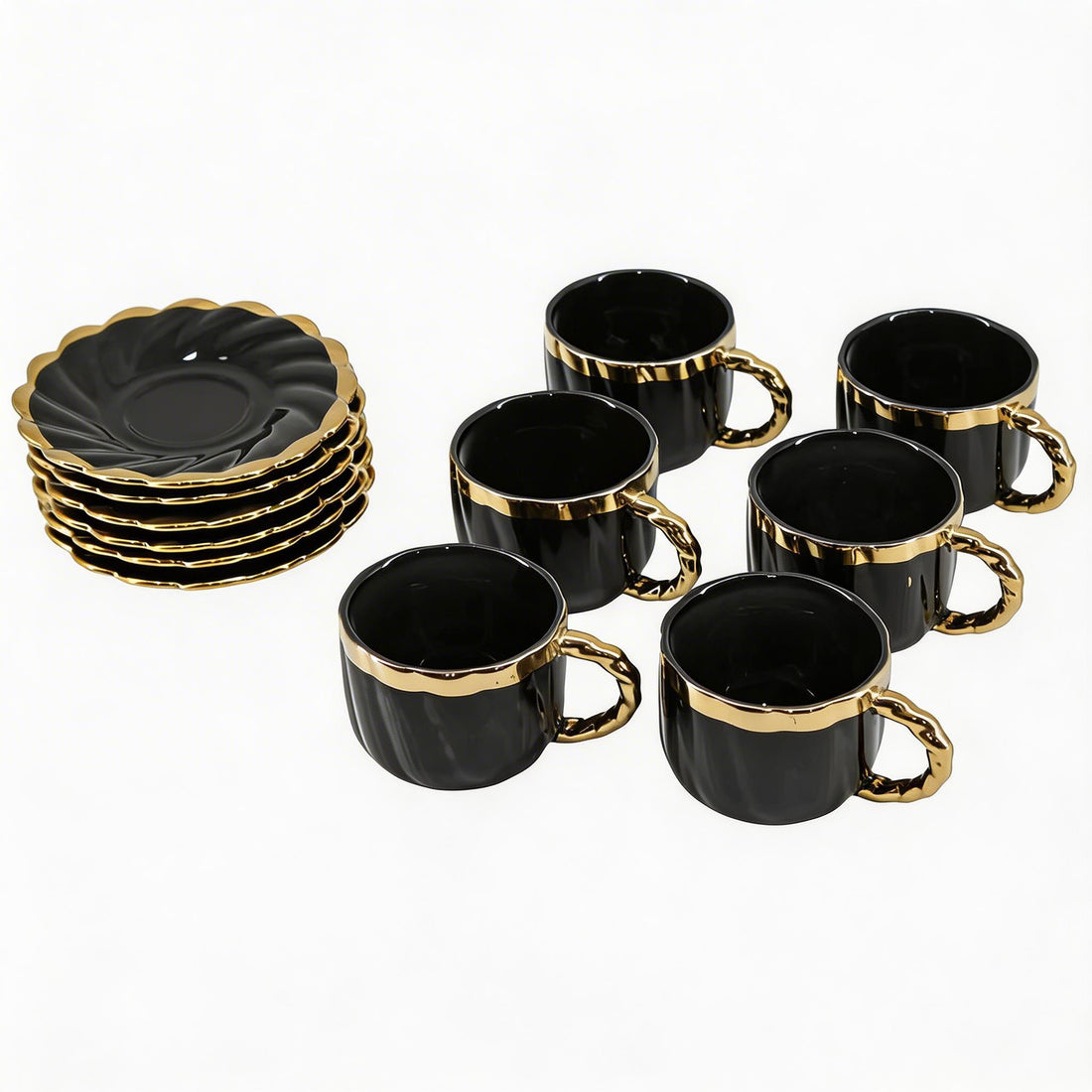 Black & Gold Coffee Cup and Saucer Set - 6 Piece