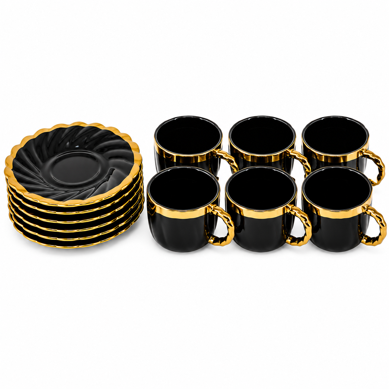 Black & Gold Coffee Cup and Saucer Set - 6 Piece