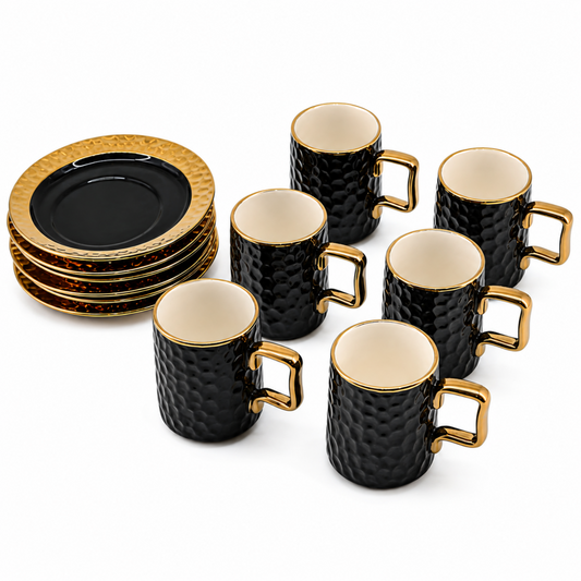 Designer Black Porcelain Coffee Cup & Saucer Set – 12-Piece Set with Gold Accents, 6 Cups & 6 Saucers