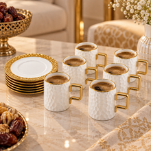 Designer White Porcelain Coffee & Tea Cups with Matching Gold-Trim Saucers - 6 Cup & Saucer Sets