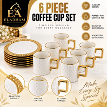 Designer White Porcelain Coffee & Tea Cups with Matching Gold-Trim Saucers - 6 Cup & Saucer Sets