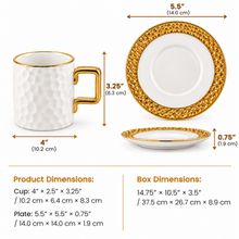 Designer White Porcelain Coffee & Tea Cups with Matching Gold-Trim Saucers - 6 Cup & Saucer Sets