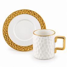 Designer White Porcelain Coffee & Tea Cups with Matching Gold-Trim Saucers - 6 Cup & Saucer Sets