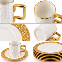 Designer White Porcelain Coffee & Tea Cups with Matching Gold-Trim Saucers - 6 Cup & Saucer Sets