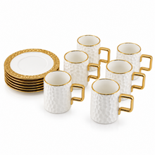 Designer White Porcelain Coffee & Tea Cups with Matching Gold-Trim Saucers - 6 Cup & Saucer Sets