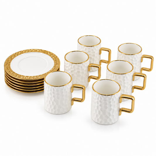 Designer White Porcelain Coffee & Tea Cups with Matching Gold-Trim Saucers - 6 Cup & Saucer Sets