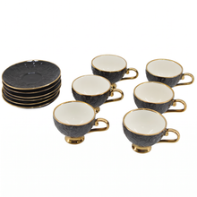 Black Embossed Cup and Saucer Set with Gold Trim