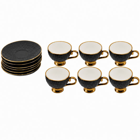 Black Embossed Cup and Saucer Set with Gold Trim