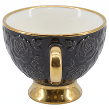 Black Embossed Cup and Saucer Set with Gold Trim