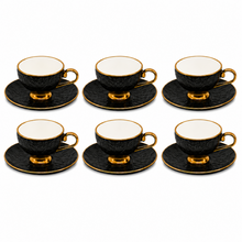 Black Embossed Cup and Saucer Set with Gold Trim