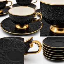 Black Embossed Cup and Saucer Set with Gold Trim