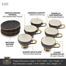 Black Embossed Cup and Saucer Set with Gold Trim