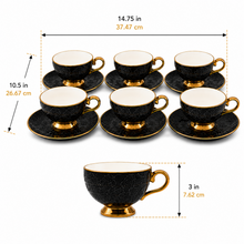 Black Embossed Cup and Saucer Set with Gold Trim