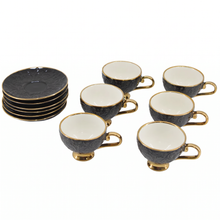 Black Embossed Cup and Saucer Set with Gold Trim