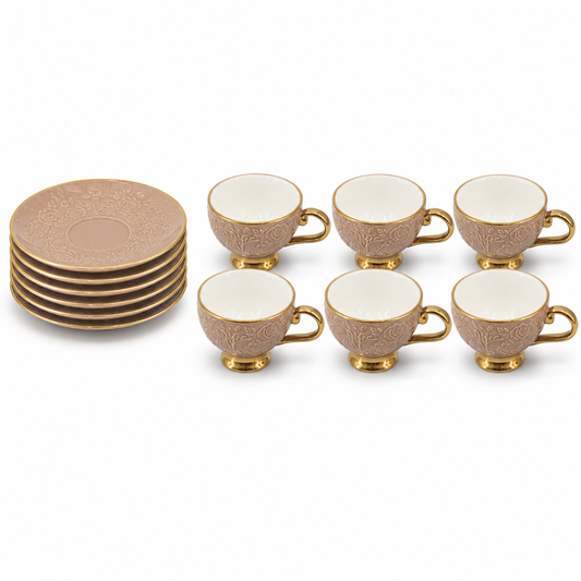 Brown Embossed Cup and Saucer Set with Gold Trim
