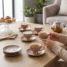 Brown Embossed Cup and Saucer Set with Gold Trim