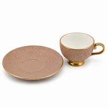 Brown Embossed Cup and Saucer Set with Gold Trim