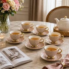Brown Embossed Cup and Saucer Set with Gold Trim