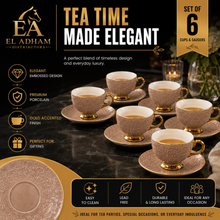 Brown Embossed Cup and Saucer Set with Gold Trim