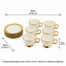 White Embossed Cup and Saucer Set with Gold Trim – 12 Piece Tea & Coffee Serving Set