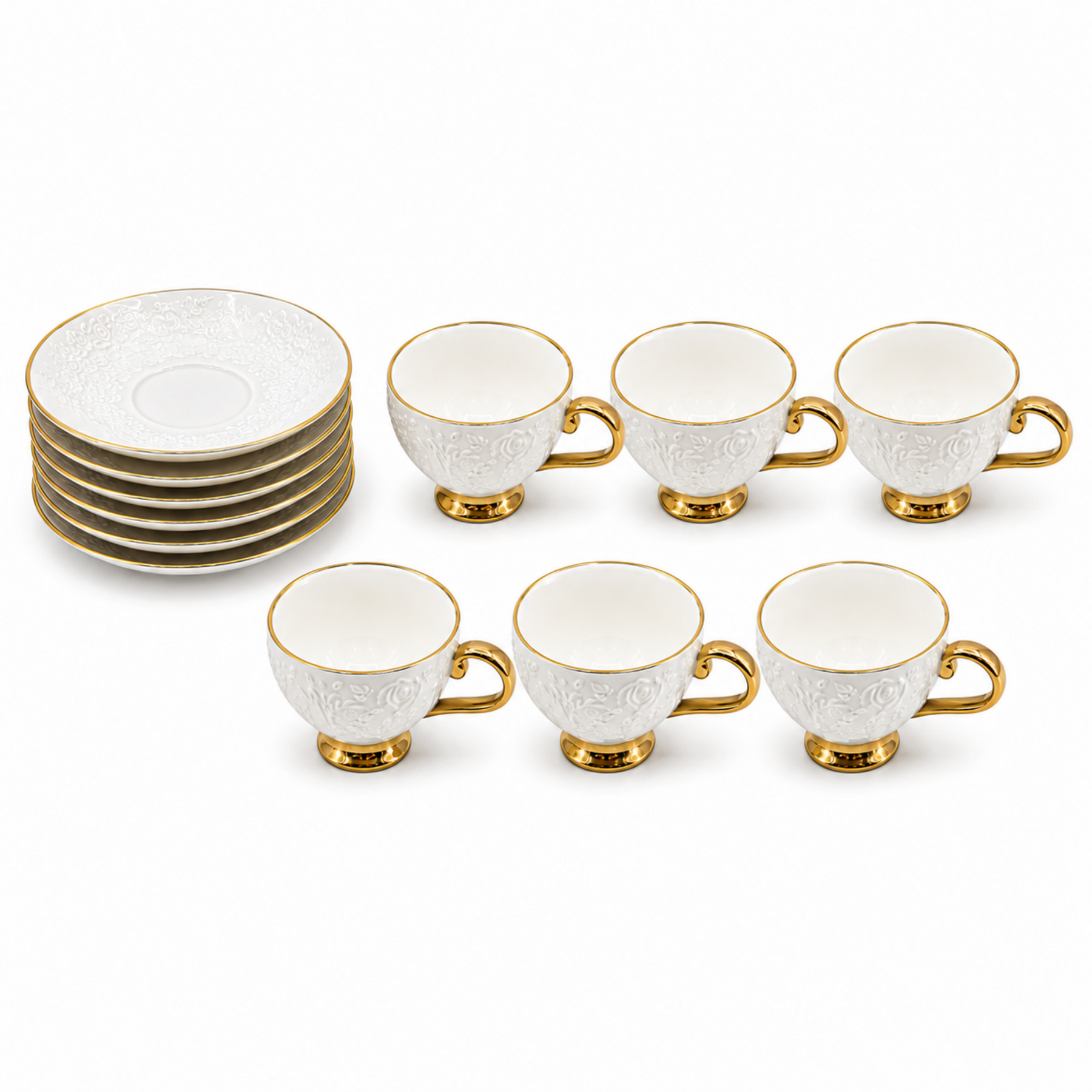 Decorative White Tea Cups and Matching Saucers