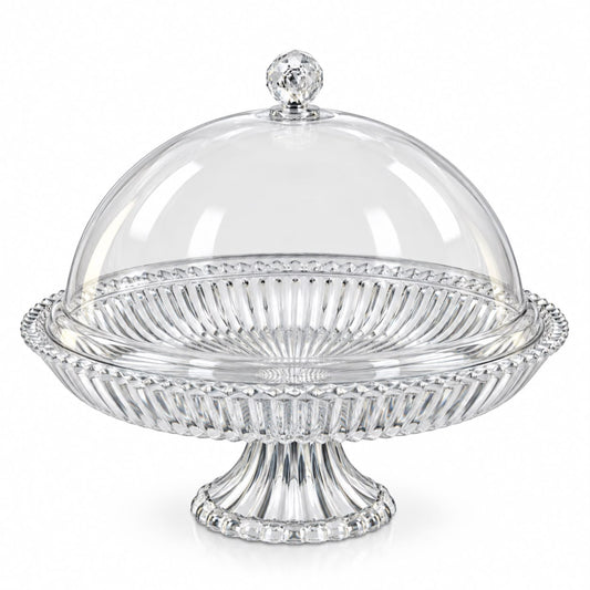 Luxury Clear Pedestal Serving Stand with Dome Cover – Large Fluted Cake, Pastry & Dessert Display