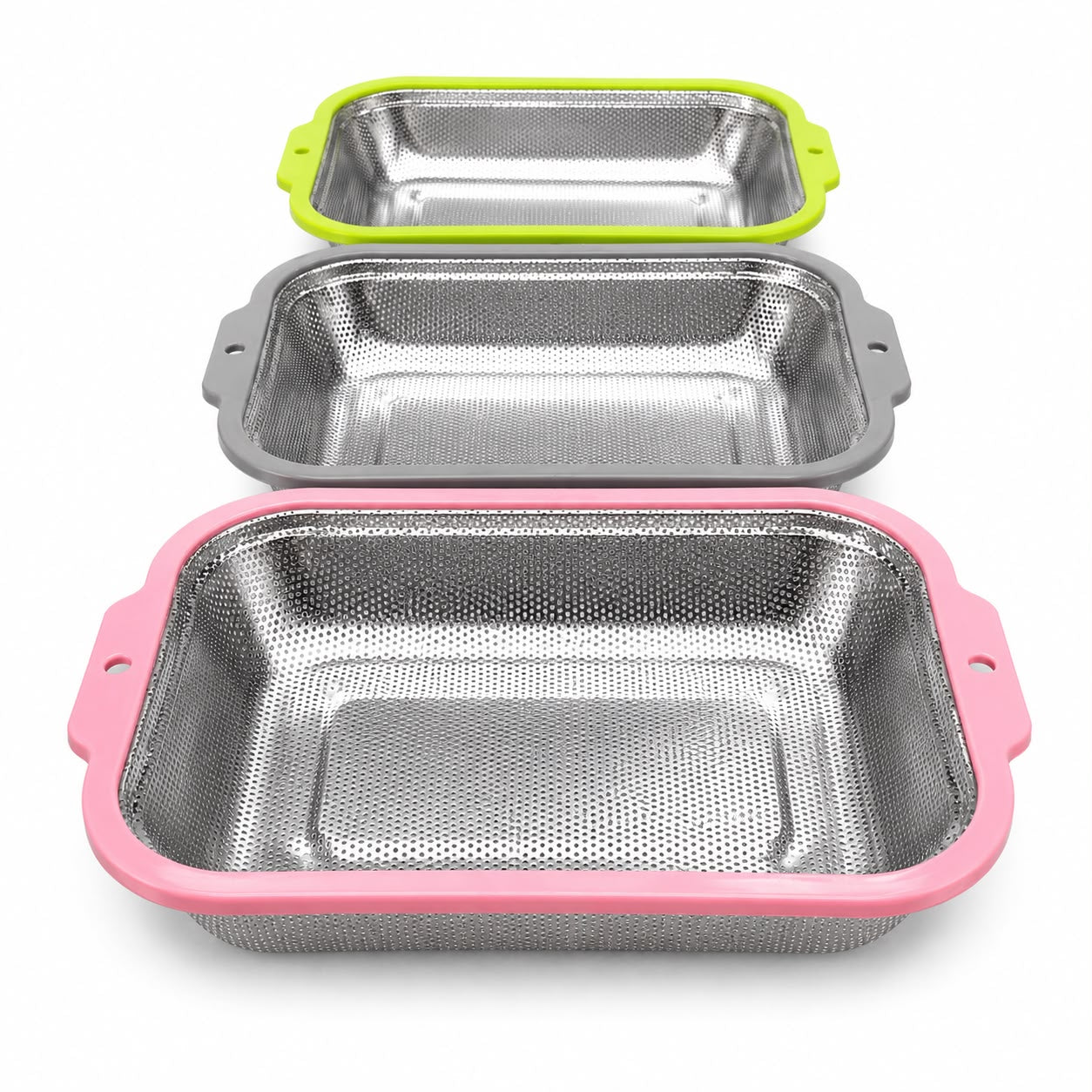 3-Piece Stainless Steel Rectangular Mesh Strainer Set with Color-Coated Handles – Medium Nesting Kitchen Colanders for Washing, Draining & Rinsing