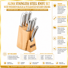 Alina Stainless Steel Knife Set with Wooden Block & Integrated Kitchen Shears