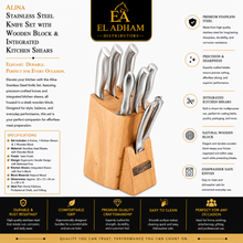 Alina Stainless Steel Knife Set with Wooden Block & Integrated Kitchen Shears