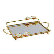 Zeyve Gold Mirrored Rectangular Serving Tray with Floral Accents & Handles