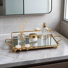 Zeyve Gold Mirrored Rectangular Serving Tray with Floral Accents & Handles