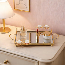 Zeyve Gold Mirrored Rectangular Serving Tray with Floral Accents & Handles