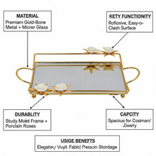 Zeyve Gold Mirrored Rectangular Serving Tray with Floral Accents & Handles