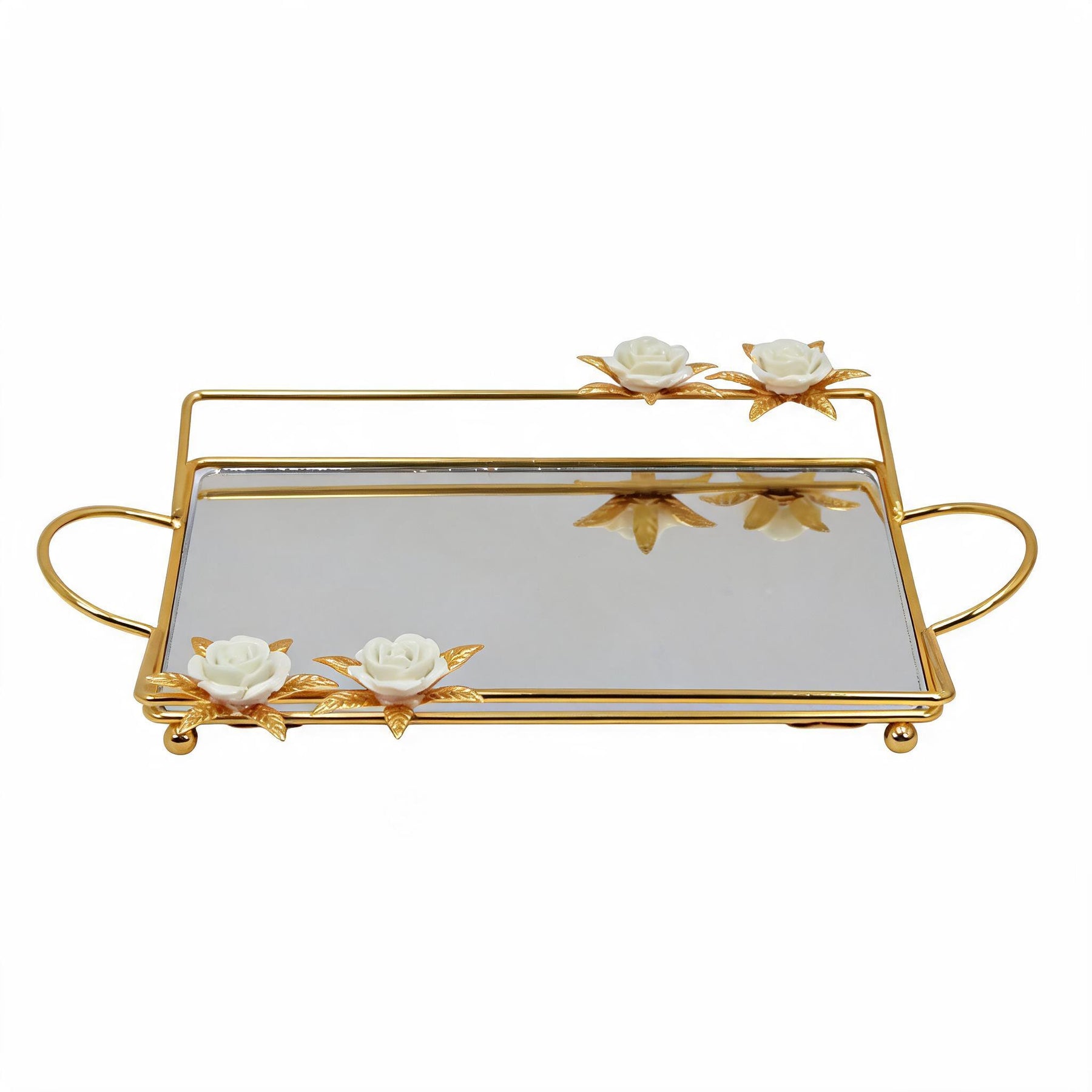 Zeyve Gold Mirrored Rectangular Serving Tray with Floral Accents & Handles