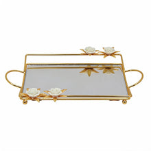 Zeyve Gold Mirrored Rectangular Serving Tray with Floral Accents & Handles