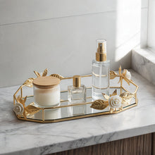 Zeyve Gold Leaf Mirrored Serving Tray with Floral Accents