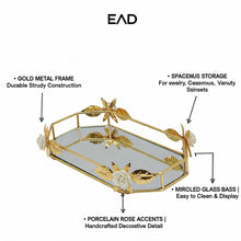 Zeyve Gold Leaf Mirrored Serving Tray with Floral Accents