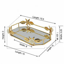 Zeyve Gold Leaf Mirrored Serving Tray with Floral Accents