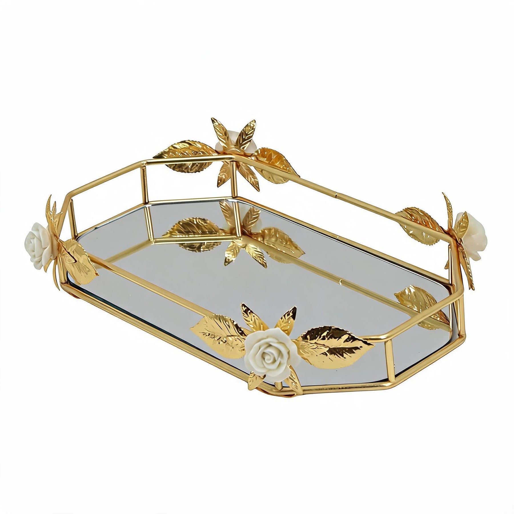 Zeyve Gold Leaf Mirrored Serving Tray with Floral Accents
